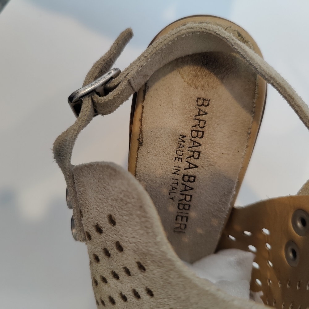 Barbara Barbieri Tan Perforated Suede Leather Block Heel Sandals Shoes - Picture 6 of 7